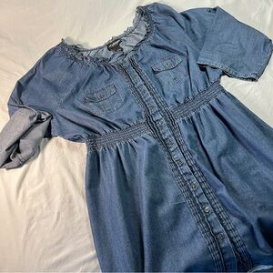 LANE BRYANT Blue Denim Dress Sz 24 Off Shoulder Smocked Ruffled Whimsical Boho